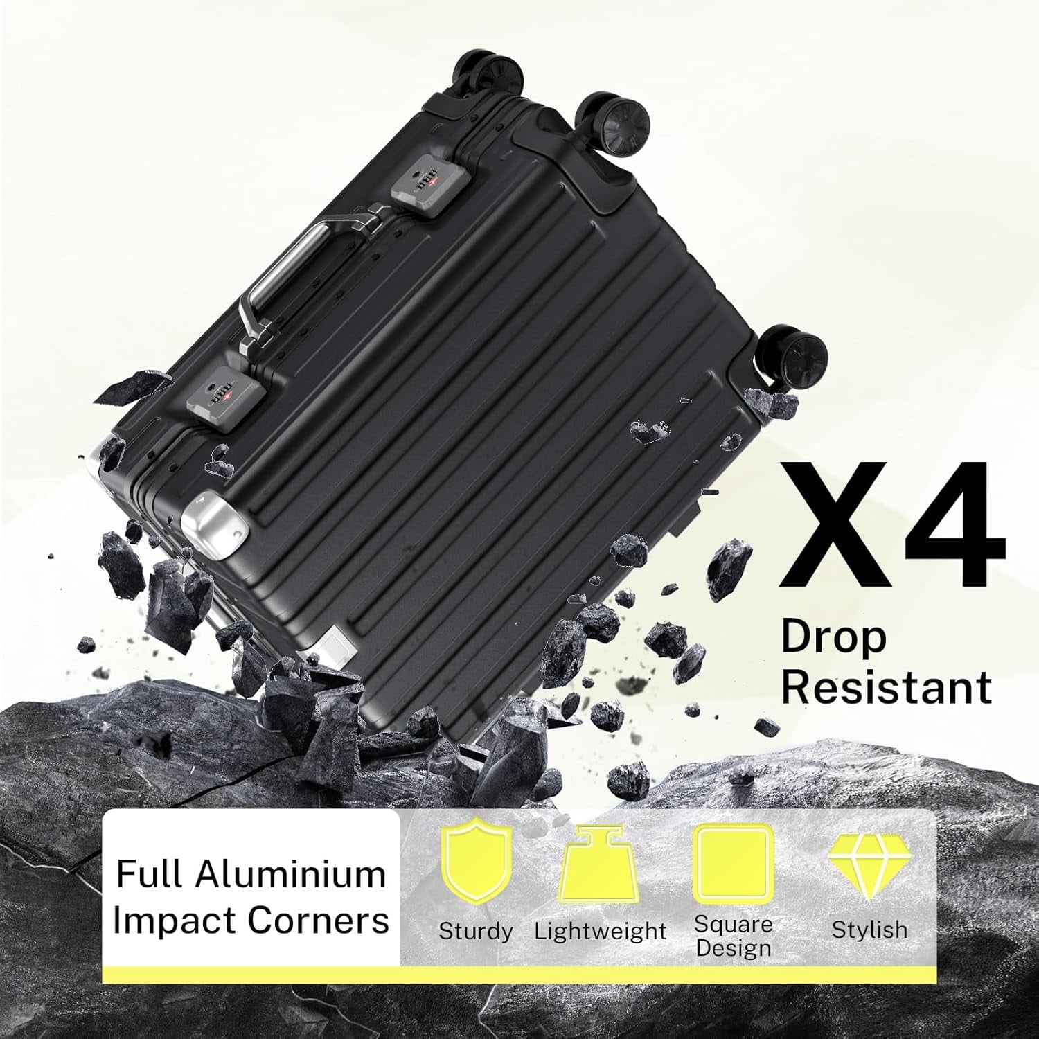 Checked Luggage Aluminum Frame Suitcase with Wheels PC ABS Hardside Zipperless with TSA Lock 28 Inch Black